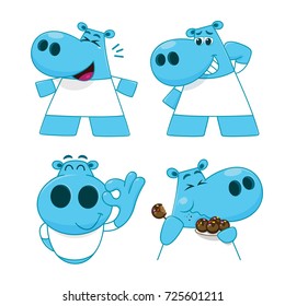 Set of Hippopotamus characters in cartoon style. Hippopotamus in various actions. Isolated flat vector.