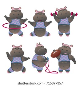 Set of hippopotamuses engaged in sports. Vector animal characters isolated on white background. Eighties style. Hoop, skipping rope, dumbbells and a ball for American football.