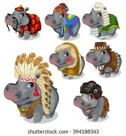 A set of hippopotamuses in funny clothes. Animals isolated on a white background.