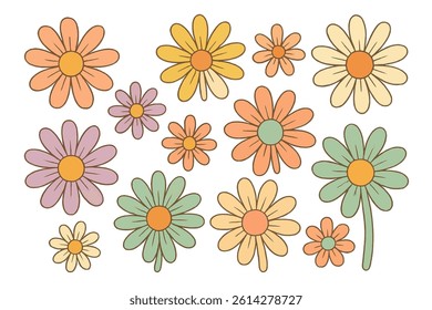 A set of hippy groovy daisy flowers is presented in a retro vintage style with hand drawn decorative elements