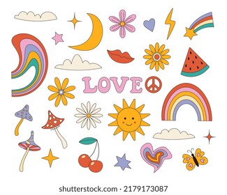 Set Hippy retro stickers. Cartoon psychedelic vintage clipart. Flower and mushroom. the style of the 70s. A symbol of peace. Rainbow and watermelon. The sun, moon and stars. 