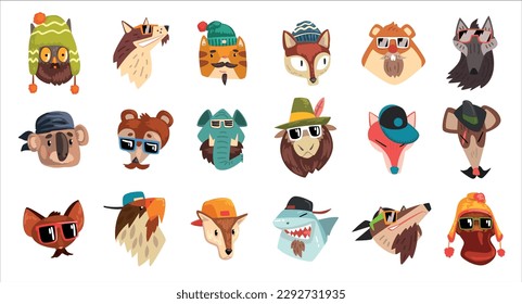 Set of hipster animals. Funny owl, cat, dog, fox, wolf, koala, shark, elephant wearing sunglasses and cap vector illustration