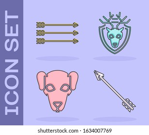 Set Hipster arrow, Hipster arrows, Hunting dog and Deer head with antlers on shield icon. Vector