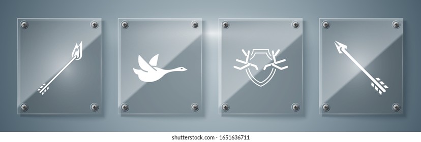 Set Hipster arrow, Deer antlers on shield, Flying duck and Flame arrow. Square glass panels. Vector