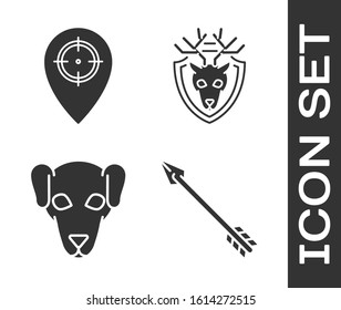 Set Hipster arrow, Hunt place, Hunting dog and Deer head with antlers on shield icon. Vector