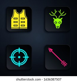 Set Hipster arrow, Hunting jacket, Target sport for shooting competition and Deer head with antlers. Black square button. Vector