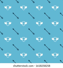 Set Hipster arrow and Moose horns on shield on seamless pattern. Vector