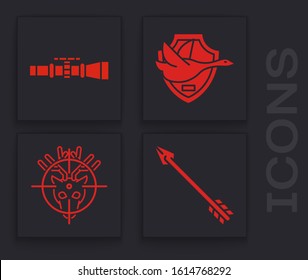Set Hipster arrow, Sniper optical sight, Flying duck on shield and Hunt on deer with crosshairs icon. Vector