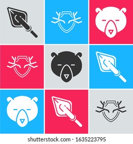 Set Hipster arrow tip, Deer antlers on shield and Bear head icon. Vector