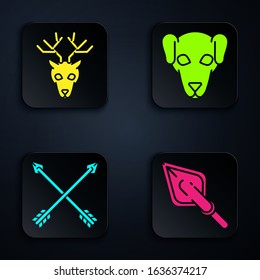 Set Hipster arrow tip, Deer head with antlers, Crossed arrows and Hunting dog. Black square button. Vector