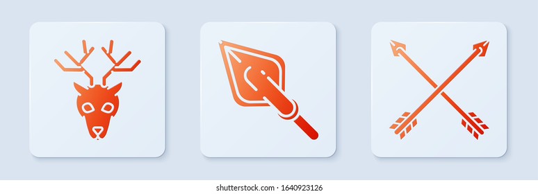 Set Hipster arrow tip, Deer head with antlers and Crossed arrows. White square button. Vector