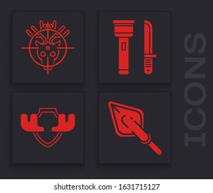 Set Hipster arrow tip, Hunt on deer with crosshairs, Flashlight and knife and Moose horns on shield icon. Vector