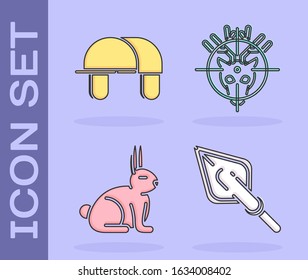 Set Hipster arrow tip, Hunter hat, Rabbit and Hunt on deer with crosshairs icon. Vector