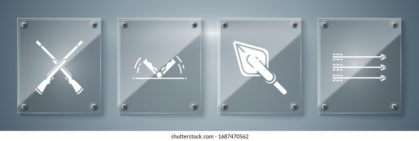 Coloque flechas Hipster, punta de flecha Hipster, caza de trampas y Dos escopetas cruzadas. Paneles de vidrio cuadrado. Vector