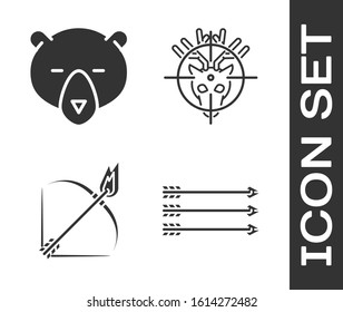 Set Hipster arrows, Bear head, Bow and fire arrow and Hunt on deer with crosshairs icon. Vector
