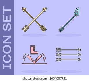 Set Hipster arrows, Crossed arrows, Trap hunting and Flame arrow icon. Vector