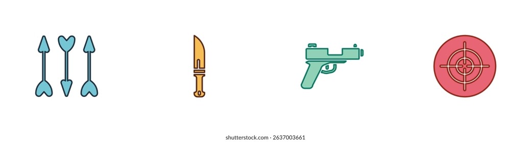 Set Hipster arrows, Hunter knife, Pistol or gun and Target sport icon. Vector