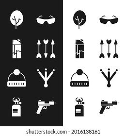 Set Hipster arrows, Lighter, Tree, Glasses, Winter hat, Bird footprint, Pistol or gun and Camping gas stove icon. Vector