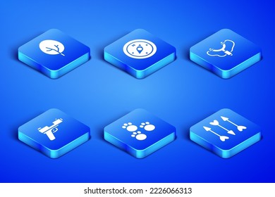 Set Hipster arrows, Tree, Paw print, Pistol or gun, Compass and Slingshot icon. Vector