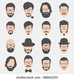 set of hipster avatars for social media or web site. man face icons. vector illustration
