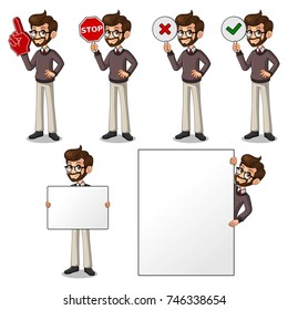 Set of hipster businessman cartoon character design holding a blank empty sign board banner billboard card poster, number one big foam hand finger, stop, right correct yes and wrong no signs.