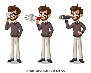 Set of hipster businessman cartoon character design, looking through binoculars, holding magnifying glass, and talking yelling shouting announcement with megaphone, isolated against white background.