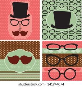 set of hipster cards and background pattern