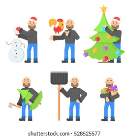 Set with hipster character with beard, in different poses in flat style. Vector man with cock, snow shovel, christmas tree, gift and snowman in simple style.
