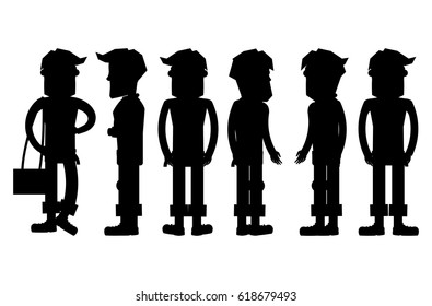 Set of hipster characters silhouettes. Collection of bearded men with rolled up pants and boots standing straight from different sides view vector figures isolated on white background  