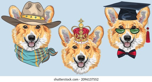 Set of hipster dog Pembroke Welsh corgi breed in hat and neckerchief