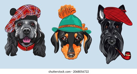 Set of hipster dogs. American Cocker Spaniel in tartan Scottish Tam, Dachshund in tyrolean hat, Scottish Terrier in red beret with a pipe