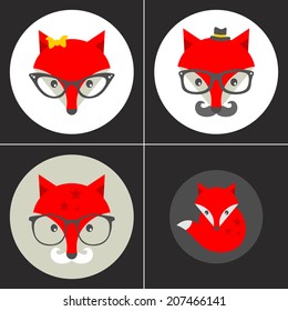 Set of hipster emblems with cute fox. Vector illustration.