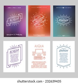 set hipster geometric typography gradient retro flyer , poster with star burst , ribbon , computer 