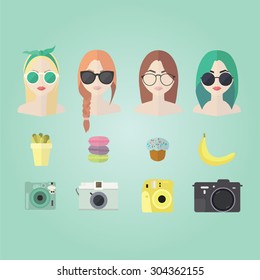  Set of hipster girls, geek glasses and cameras flat icons. Stylish hipster girls in modern and creative style. Website avatar symbols. Woman web media element collection.