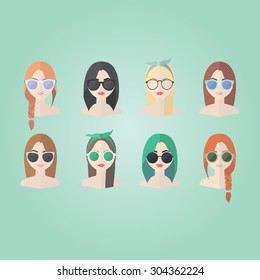  Set of hipster girls and geek glasses  flat icons. Stylish hipster girls in modern and creative style. Website avatar symbols. Woman web media element collection.