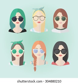  Set of hipster girls and geek glasses  flat icons. Stylish hipster girls in modern and creative style. Website avatar symbols. Woman web media element collection.