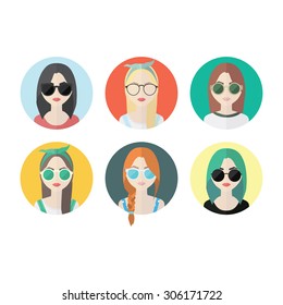 Set of hipster girls and geek glasses flat icons. Stylish hipster girls in modern and creative style. Website avatar symbols. Woman web media element collection.