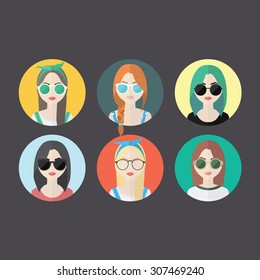 Set of hipster girls and geek glasses flat icons. Stylish hipster girls in modern and creative style. Website avatar symbols. Woman web media element collection.