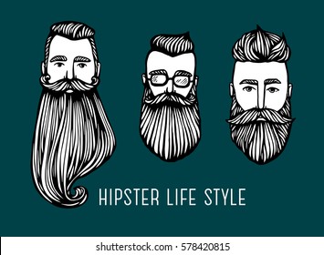 Set of Hipster heads with beards. Hand-Drawn Doodle. Vector Illustration - stock vector. Hand drawn cartoon character. Bearded man.