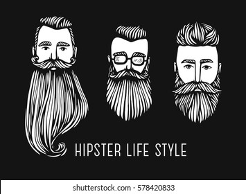 Set of Hipster heads with beards. Hand-Drawn Doodle. Vector Illustration - stock vector. Hand drawn cartoon character. Bearded man on black background