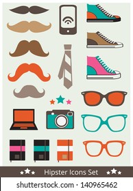 Set of Hipster Icons: trainers, mustache, sunglasses, camera, mobile phone, laptop, tie, moleskin. Vector illustration.