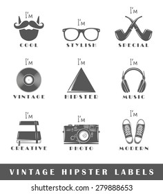 Set of hipster labels. Elements for design on the hipster theme. Collection of hipster symbols. Modern labels of hipster. Emblems and logos of hipster. Vector illustration