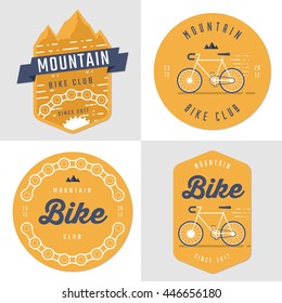 Set of hipster logo, badges, banners, emblem design for mountain bike, bicycle club. Linear and flat style. Vector illustration.