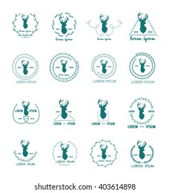Set of hipster logo with silhouette of deer and twigs around