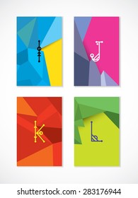 Set of hipster low poly, polygonal  cards. Letters I, J, K, L. Green, violet, yellow, blue, pink, red card colors