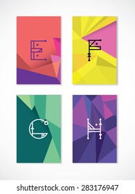 Set of hipster low poly, polygonal  cards. Letters E, F, G, H. Green, violet, yellow, violet, pink card colors