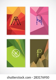 Set of hipster low poly, polygonal  cards. Letters M, N, O, P. Green, brown, pink, orange card colors