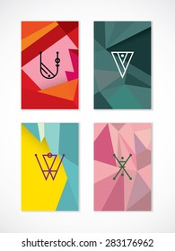 Set of hipster low poly, polygonal  cards. Letters U,V, W, X. Red, green, yellow, blue, pink card colors