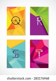 Set of hipster low poly, polygonal  cards. Letters Q, R, S, T. Yellow, green, purple, blue orange, magenta card colors