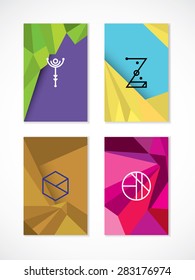 Set of hipster low poly, polygonal  cards. Letters U,V, W, X. Green, violet, yellow, brown, pink card colors